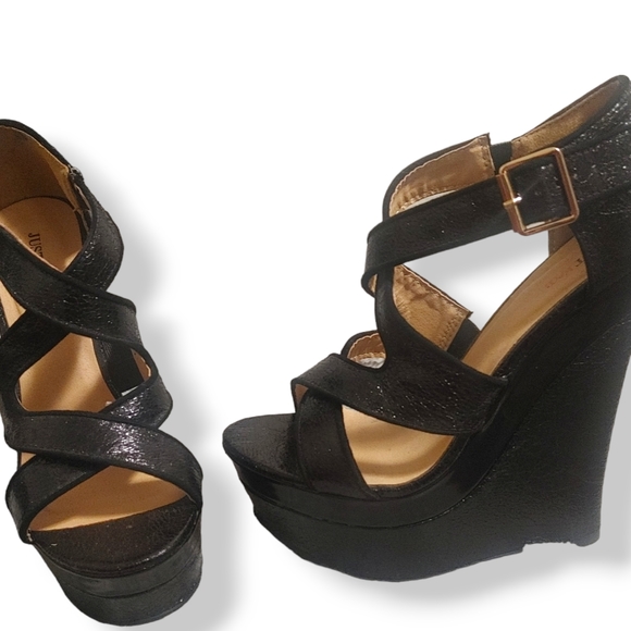JUSTFAB - Rosella Black Strappy High Heel Party Platform Shoes with Gold Accents - Picture 5 of 7
